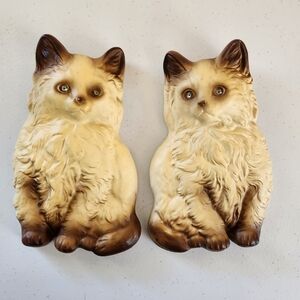 Vintage 1960's Chalkware Cats Pair Sequin Eye Retro Kitty Wall Hanging Decor 60s